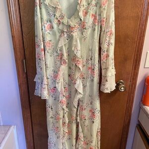 BooHoo Floral Ruffled Maxi Dress in Sage with Pink Roses